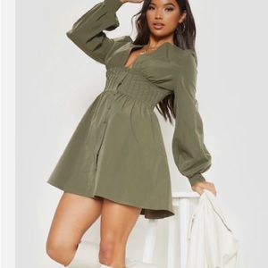 Khaki button front fitted puff sleeve skater dress